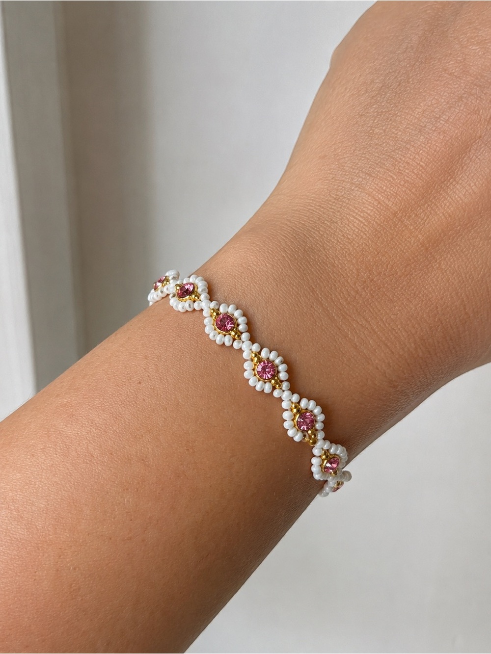 Handmade Delicate Bracelet Pink Crystal & Pearl Beaded Gold Dainty Indian